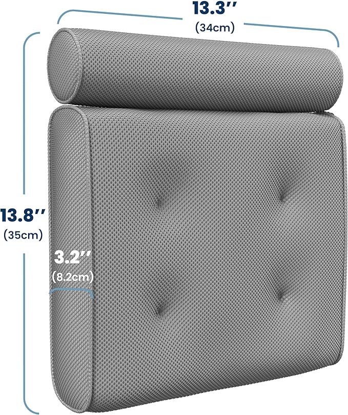 Everlasting Comfort Luxury Bath Pillows for Tub with Head and Neck Support - Non-Slip Bathtub Pillow with Suction Cups, Quick-Drying Mesh & Drying Hook - Jacuzzi & Spa Accessories for Women - Gray