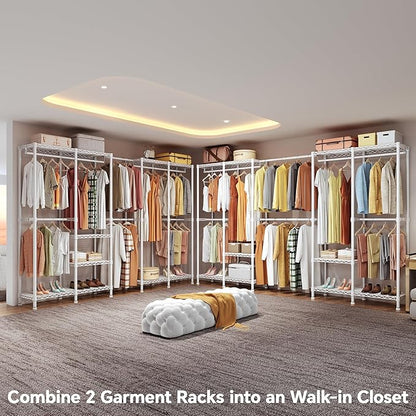 H5 Pro Heavy Duty Clothes Rack Wardrobe Closet for Hanging Clothes, Freestanding Garment Rack with Expandable Hanger Rods, Closet Organizer and Storage, (97.7-115.4")L x 15.7"W x 75.4"H, White