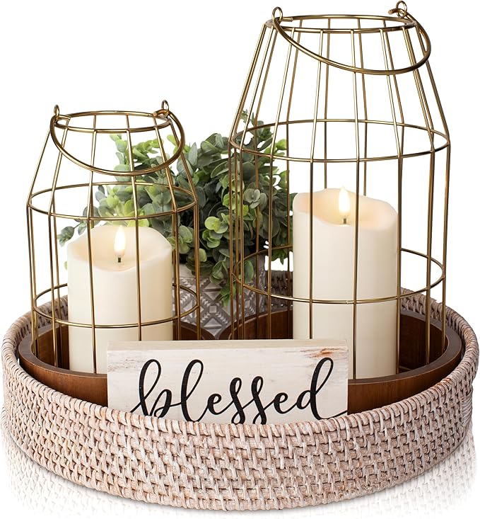 Rustic Farmhouse Lantern Decor Set of 2 - Stylish Decorative Lanterns for Your Living Room, Fireplace Mantle or Kitchen Dining Table - Modern Indoor/Outdoor Coffee Table Decor for Your Entire Home