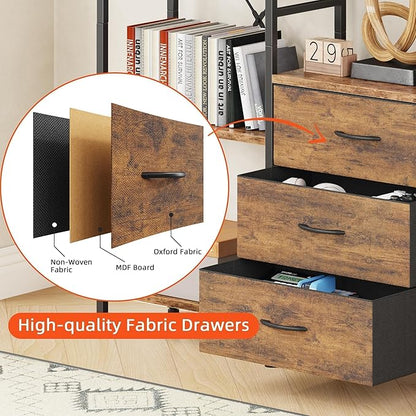 AFLUI Triple Bookshelf with 3 Fabric Drawers, 4-Tier Book Shelf and 10 Display Shelves, Industrial Large Bookcase for Home & Office, Rustic Brown, 47'' Wide