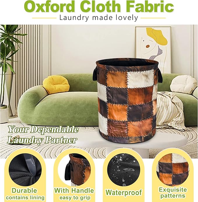 Cow Print Laundry Basket Funny Brown Cowhide Foldable Waterproof Oxford Cloth Tote Bag Laundry Hamper Round Large Clothes Storage Bucket Toy Organizer For Bathroom/Laundry Storage/Bedroom 18.9x16.5 In