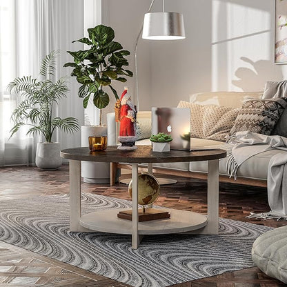 LONYKE Round Wood Coffee Table with Distressed Finish Top, Two-Tone Living Room Table with Lower Storage Shelf, Farmhouse Center Table, Large Circle, Brown and White