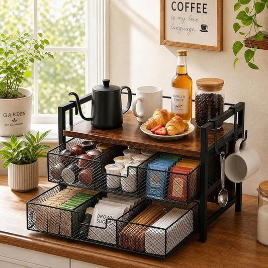 Coffee Station Organizer, Countertop Coffee Bar Holder with 2 Drawers, 4 Side Hooks, Holds 36 K Cups, Coffee Pods, Capsules, Rustic Brown Storage for Tea Bags, Syrup, Kitchen, Apartment, Home, Office