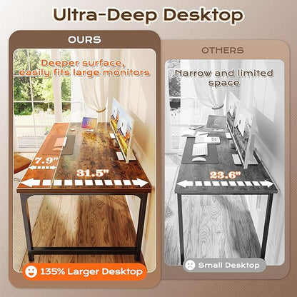 Huuger 63 x 31.5 inch Desk with Power Outlets & USB-C, 0.95 Inch Thicker Desktop, Robust Metal Tubes, Deep Computer Desk, Heavy Duty Office Desk, for Home Office, Rustic Brown