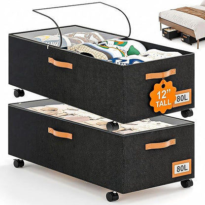 Under Bed Storage with Wheels, 12" Height Under Bed Storage Extra Deep Under Bed Storage Containers, Perfect for 14'' Bed Frame, No Assemble Metal Rolling Underbed Storage for Clothes Shoes Blankets
