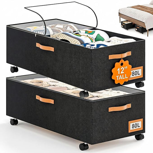Under Bed Storage with Wheels, 12" Height Under Bed Storage Extra Deep Under Bed Storage Containers, Perfect for 14'' Bed Frame, No Assemble Metal Rolling Underbed Storage for Clothes Shoes Blankets