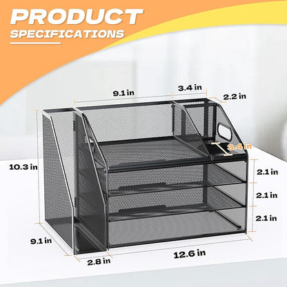 DocNest 4 Tier Paper Letter Tray File Organizer, Mesh Desk File with Handle, Workspace Desk Organizers with Pen Holder, Office Organization Storage Accessories - Black