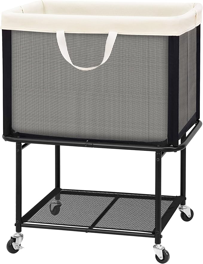 STO STO Rolling Laundry Hamper with Lockable Wheels, 29-Gallon (110L) Laundry Cart with Removable Canvas Bag, 2-Tier Clothes Basket Hamper with Shelf for Closet, Bedroom, Bathroom, Laundry Room, Beige