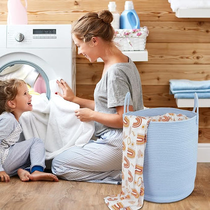 XUANGUO Cotton Rope Laundry Basket Hamper for Clothes Woven Storage Basket for Living Room Bedroom Boho Tall Rope Baskets for Blanket Toys Pillow Towels Baby Nursery Hamper Bin light blue