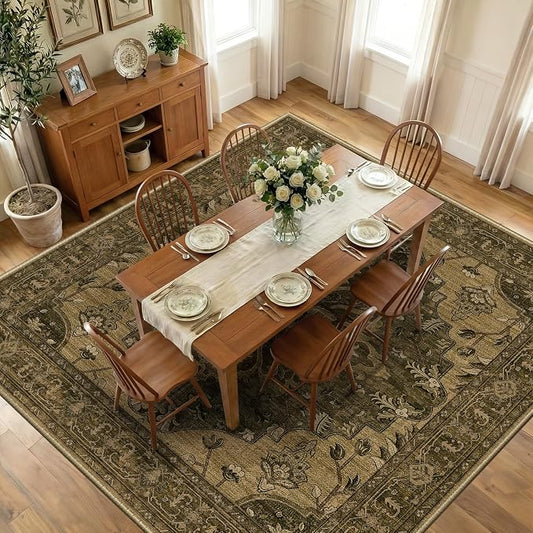 RELEANY Area Rugs Square 10ft Washable Non-Slip, Floral Vintage Distress Medallion Carpet for Living Room Bedroom Dining Room, Brown Dark Brown