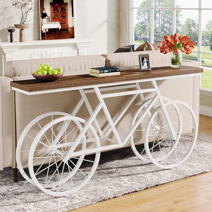 Tribesigns 70.9-Inch Extra Long Console Table, Narrow Sofa Table with Bicycle Metal Base, Modern Industrial Entryway Table for Living Room, Hallway, Entrance, Foyer, Rustic Brown & White
