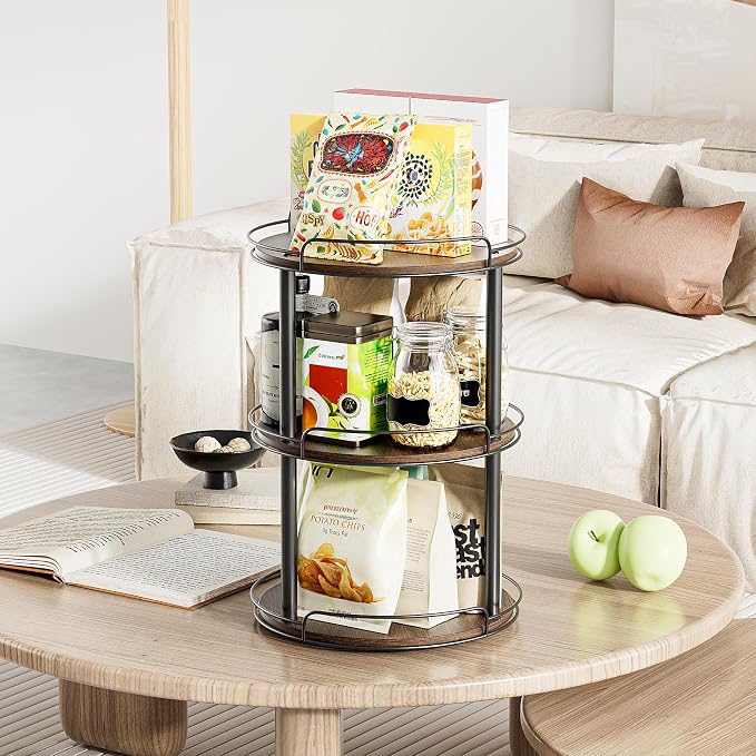 LAMU 12'' Wood Lazy Susan Turntable Organizer for Cabinet, 3 Tier Lazy Susan Spice Rack Organizer for Kitchen, Wood Turntable for Table Top, Countertop, Pantry, Bathroom