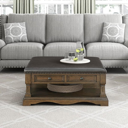 Lexicon 39 Inch Wood Coffee Table with 4 Drawers, Lower Open Shelf, Casters, Square Ottoman Coffee Table, Faux Leather Cocktail Ottoman, Nailhead Trim, Footrest for Living Room, Easy Assembly, Brown