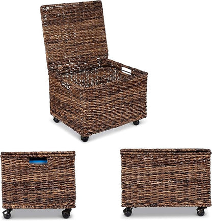 BIRDROCK HOME Rolling File Cabinet with Lid | Small Wooden Under Desk Organizer | Seagrass Basket with Wheels | Portable Home Office Filing System - Mini Decorative Box, Single Drawer, Brown Wash