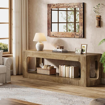 Tribesigns 63-Inch Farmhouse Entryway Table with Storage Shelf, 2-Tier Sofa Console Table with Circle Design for Living Room, Hallway, Foyer, Brown
