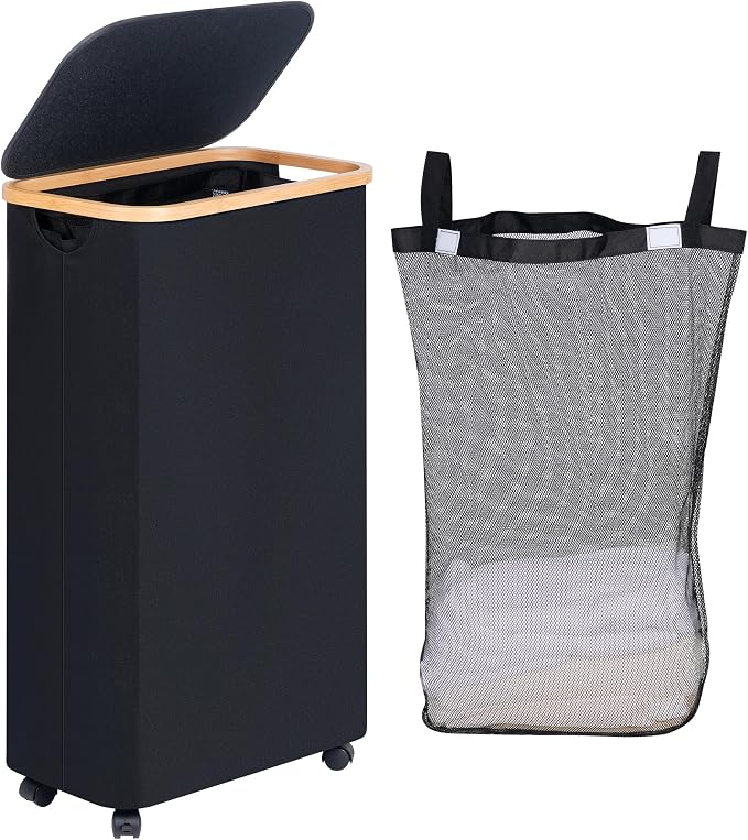 efluky Slim Laundry Basket with Wheels, Narrow Rolling Laundry Hamper with Lid and Removable Bag, Aesthetic Dirty Clothes Hamper on Wheels for Laundry Room, Bedroom, Dorm and Bathroom, 75L Dark Black