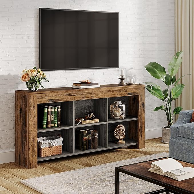 Tribesigns 63-Inch Long Console Table, Rustic Wood Entryway Table with 6 Storage Cubes, Industrial Narrow Sofa Table Behind Couch Table for Living Room, Hallway