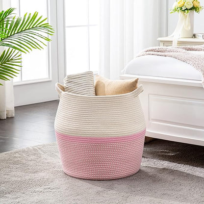 KAKAMAY Woven Baskets for Storage(17"x17"),Large Cotton Rope Woven Baby Laundry Hamper,Collapsible Laundry Basket, Blanket Basket for Organizing Living Room,Nursery,Pillows,Toy Chest(Pink)