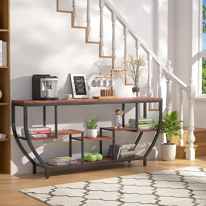 70.86" Extra Long Console Table Sofa Table & Storage Shelves Entryway Table Industrial TV Stand, Metal Frame Behind Couch Table for Foyer, Hallway, Entrance (Brown)