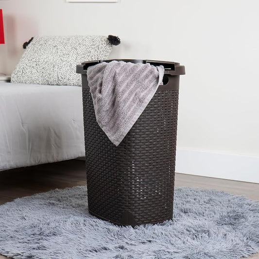 Mind Reader Slim Laundry Hamper with Lid, 60L Tall Clothes Basket, Narrow Tapered Design for Bathrooms, Closets and Laundry Rooms, Plastic, Brown