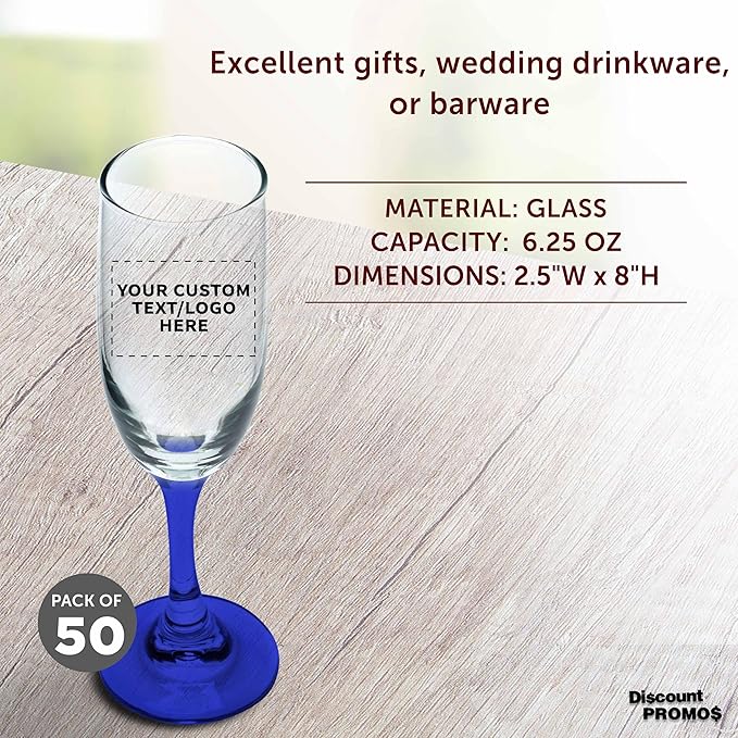 DISCOUNT PROMOS Custom Premiere Champagne Flutes 6.25 oz. Set of 50, Personalized Bulk Pack - Elegant Drinkware for Weddings, Events, & Promotional Gifts - Blue