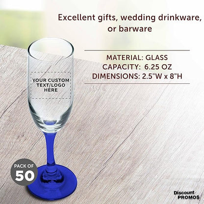 DISCOUNT PROMOS Custom Premiere Champagne Flutes 6.25 oz. Set of 50, Personalized Bulk Pack - Elegant Drinkware for Weddings, Events, & Promotional Gifts - Blue