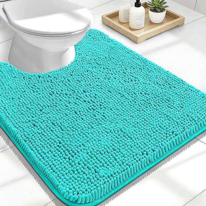OLANLY Toilet Rugs U-Shaped 24x20, Extra Soft Absorbent Chenille Contour Bathroom Rugs for Toilet, Dry Quickly, Machine Washable, Non-Slip Bath Mat, Teal