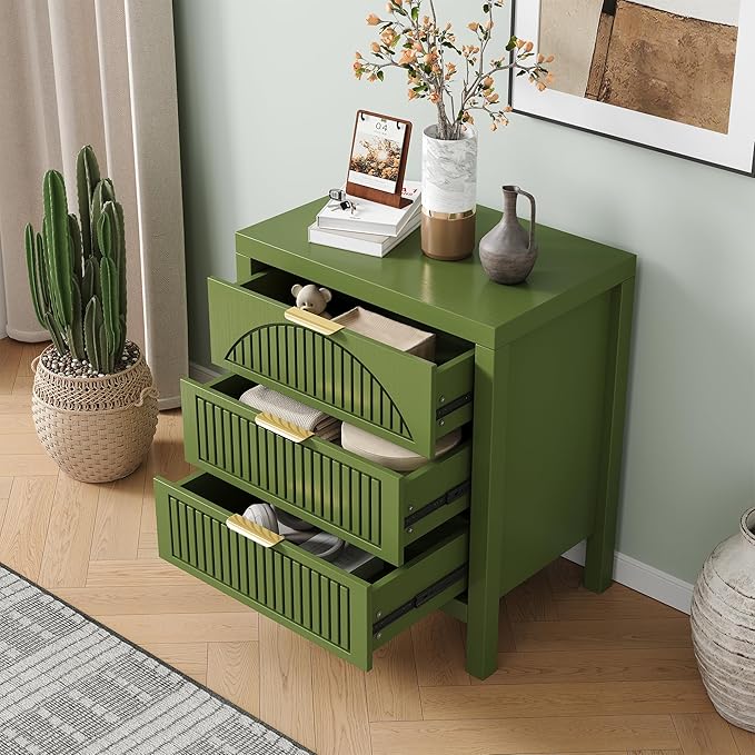 3 Drawer Dresser, Farmhouse Fluted Chest of Drawers, Wooden End Table, Mid- Century Modern Bedroom Nightstand Side Table for Bedrooms, Closets, Hallways, and Entryways, Green