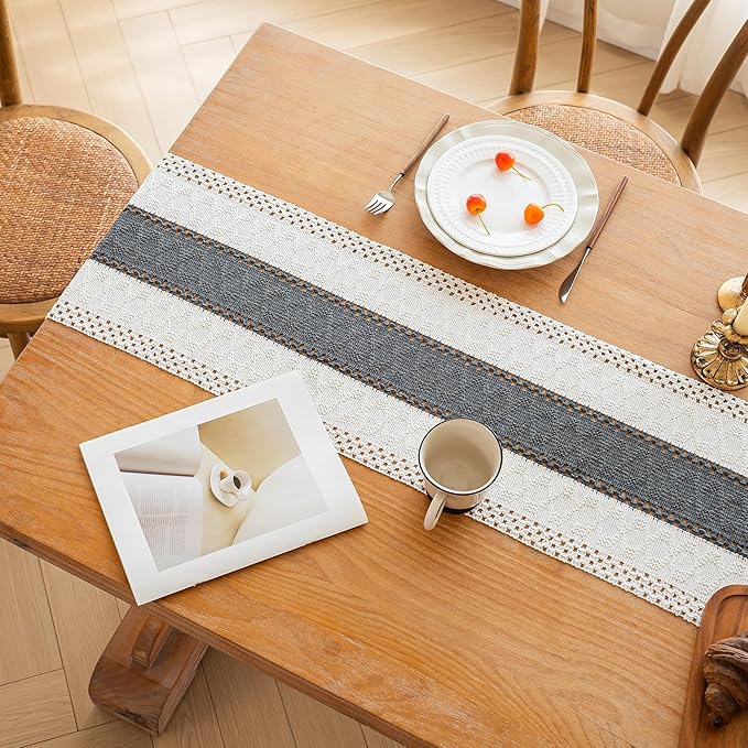 FEXIA Boho Table Runner for Summer Home Decor with Tassels 60 Inches Long Farmhouse Grey Rustic Burlap Table Runner Macrame Table Decoration for Kitchen Bedroom Living Room (12x60 Inches)