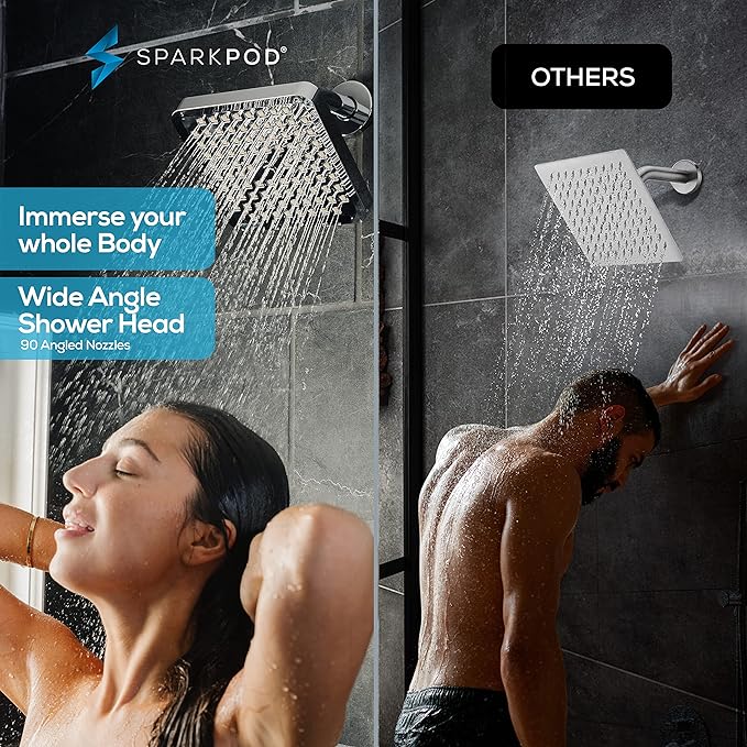 SparkPod Rain Shower Head, 8 Inch Square | High Pressure Shower Heads, 90 Nozzle (Touch-to-Clean), Adjustable Showerhead, No-tool Universal Connection