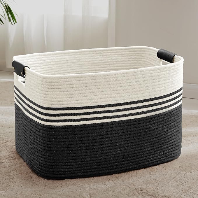 SunNewt 86L Extra Large Laundry Basket with Leather Handles for Living Room Storage, Woven Rope Baskets for Blanket, Kids Toy, Gifts, Wicker Hamper for Bedroom Dirty Clothes, 24"x16"x14" White Black