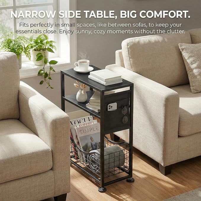 Skinny Side Table with Storage, 3 Tier Slim Side Tables for Small Spaces, Skinny End Table Narrow Bedside Table Narrow Side Table for Living Room, Bedroom