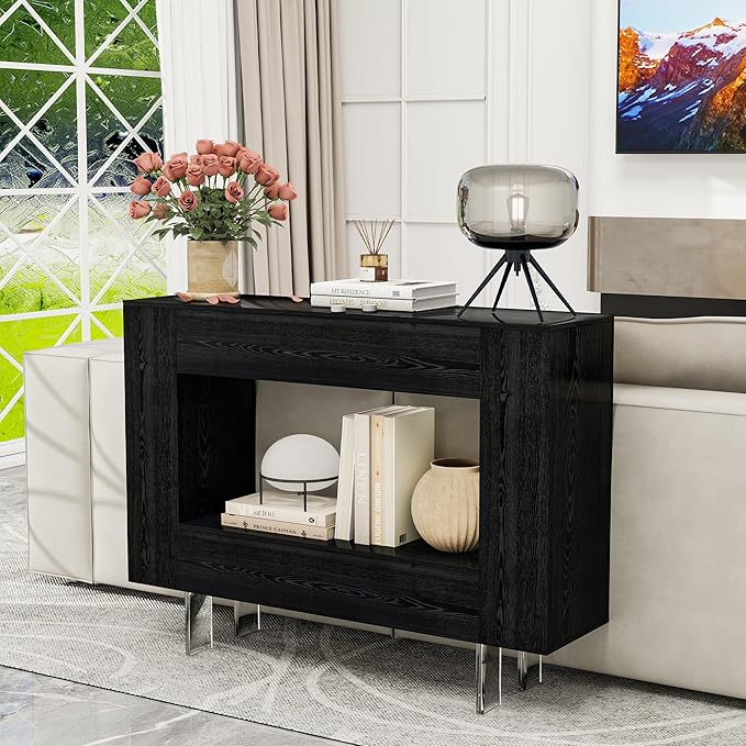 Narrow Console Table with Hidden Side Storage Cabinets, Adjustable Shelves, Modern Black Entryway Sofa Table for Behind The Couch, Living Room, Hallway, Black