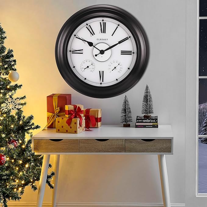 CLXEAST Illuminated Outdoor Indoor Metal Clocks Waterproof 24 inch, Oil Rubbed Bronze Black,Oversized Large Outdoor Roman Numeral Wall Clock with Thermometer & Hygrometer