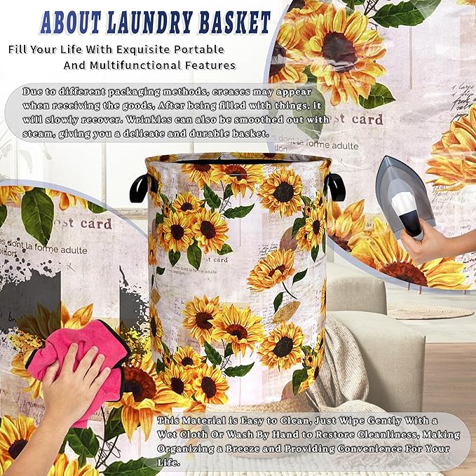 Vintage Sunflowers Laundry Basket Oxford Cloth Foldable Yellow Floral Laundry Hamper With Handle Portable Clothes Storage Organizer Basket 18.9x16.5 Inch Laundry Bag For Laundry Room/Bedroom/Bathroom