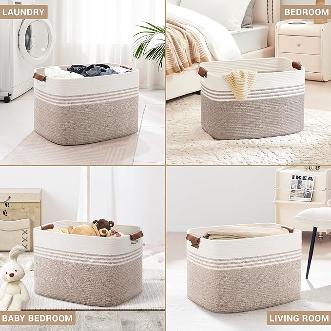 SunNewt 100L Extra Large Laundry Basket with Leather Handles for Living Room Storage, Woven Rope Baskets for Blanket, Kids Toy, Gifts, Wicker Hamper for Bedroom Dirty Clothes, 24"x16"x16" White Brown