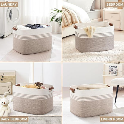 SunNewt 100L Extra Large Laundry Basket with Leather Handles for Living Room Storage, Woven Rope Baskets for Blanket, Kids Toy, Gifts, Wicker Hamper for Bedroom Dirty Clothes, 24"x16"x16" White Brown