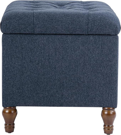 Spatial Order Home Decor | Upholstered Button Tufted Storage Ottoman | Hinged Lid Ottoman with Storage for Living Room & Bedroom | Decorative Home Furniture (Blue Woven Fabric)