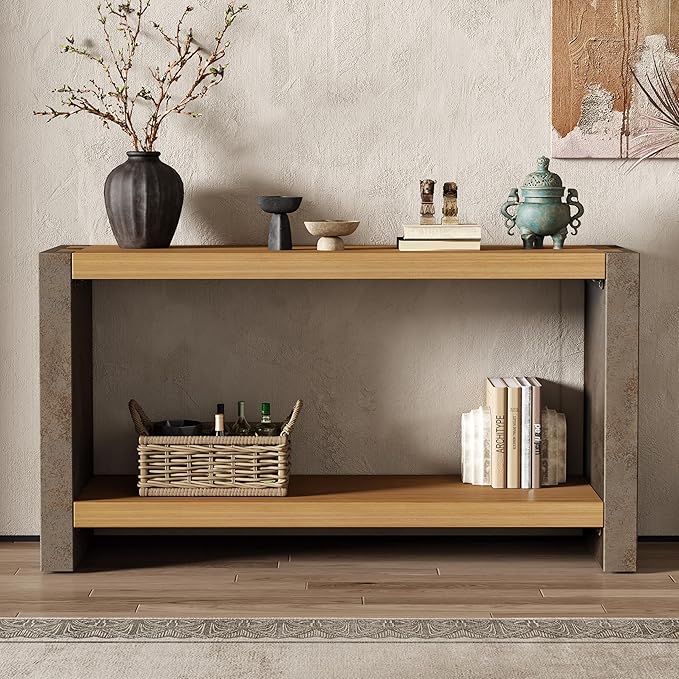 Amposei Farmhouse Minimalist Entryway Console Table 59-Inch Long Entry Sofa Table with Storage Shelf for Living Room Hallway Bedroom Accent Furniture, Brown