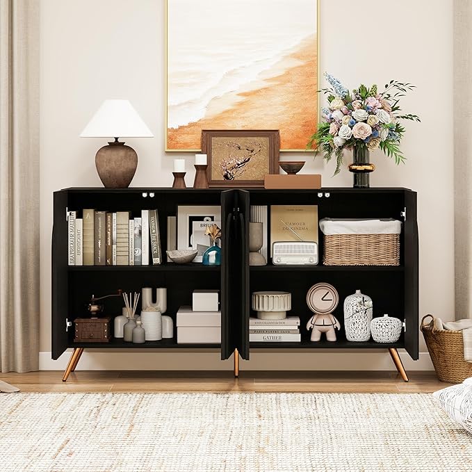 59" Accent Storage Cabinet with Doors, Modern Decorative Cabinet with 3D Carved Door, Sideboard Buffet Cabinets with Adjustable Shelves, Credenza for Living Room, Entryway, Dining Room, Black