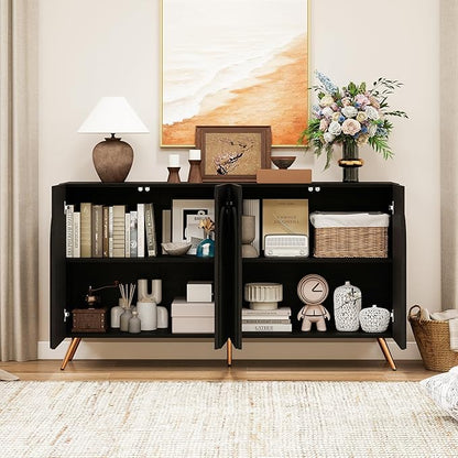 59" Accent Storage Cabinet with Doors, Modern Decorative Cabinet with 3D Carved Door, Sideboard Buffet Cabinets with Adjustable Shelves, Credenza for Living Room, Entryway, Dining Room, Black