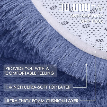 OLANLY Denim Blue Round Rugs for Bedroom - Machine Washable, 4 ft Circle Area Rugs for Living Room, Soft and Fluffy Shaggy Carpet for Teen Girl and Boys, Nursery Rooms, Dorms, Home Decor Aesthetic