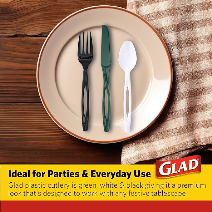 Glad Plastic Heavy Duty Forks, 120ct Green, White and Black Cutlery Forks, Knives, and Spoons| 120 Pieces Set of Heavy Duty Disposable Party Utensils and Sturdy Cutlery