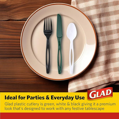Glad Plastic Heavy Duty Forks, 120ct Green, White and Black Cutlery Forks, Knives, and Spoons| 120 Pieces Set of Heavy Duty Disposable Party Utensils and Sturdy Cutlery