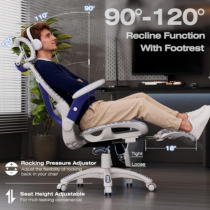ELABEST X100 Ergonomic Mesh Office Chair with Footrest, Big and Tall Hone Desk Chair with 5D Flip-Up Arms, Adjustable 3D Lumbar Support,Gaming & Executive Computer Chairs (Cybernetic Pulse)