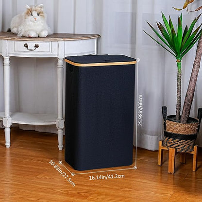 iEGrow 75L Slim Laundry Hamper, Narrow Laundry Basket with Lid,Foldable Clothes Hamper with Bamboo Handles,Hamper Basket with Removable Inner Bag for Laundry Room Bedroom College Dorm,19.8 Gals Black