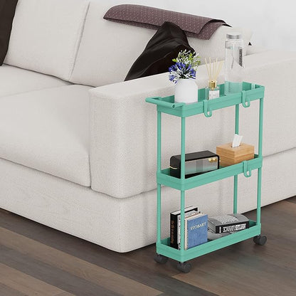 Simple Houseware 3-Tier Slim/Narrow Storage Cart with Handle, 5.5'' Wide x 27.5'' Height Rolling Organizer for Kitchen, Bathroom, Laundry Room - Turquoise