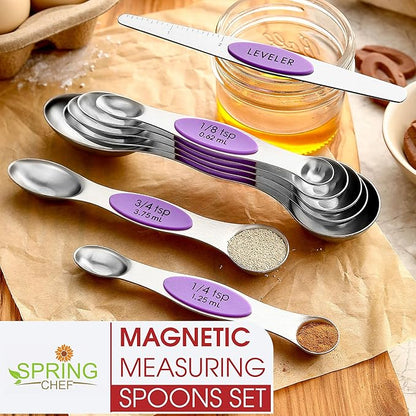 Spring Chef Stainless Steel Magnetic Measuring Spoons Set of 8 with Leveler, Nesting Metal Teaspoon & Tablespoon Measuring Spoons for Food, Heavy Duty Kitchen Gadgets for Baking & Cooking - Orchid