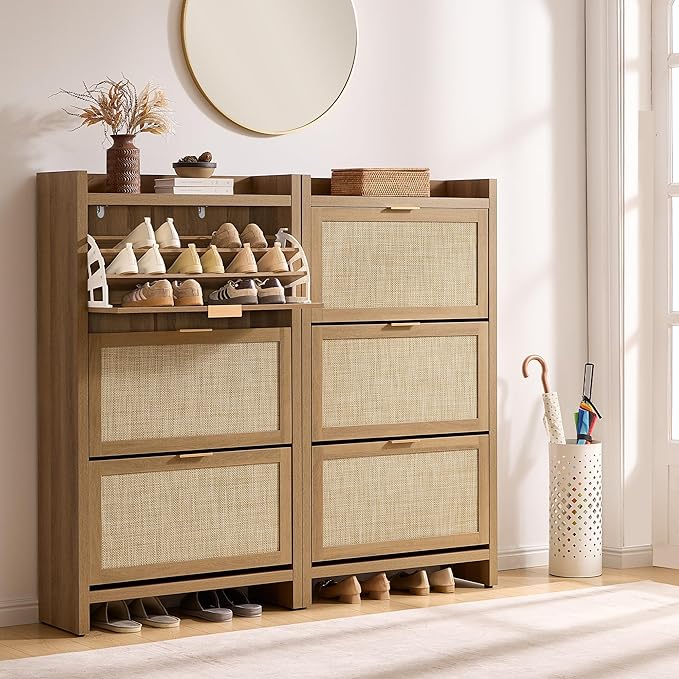 SICOTAS Rattan Shoe Storage Cabinet with 6 Flip Drawers, 57.4" Tall Shoe Organizer Cabinet for Entryway, Holds 50 Shoes, Farmhouse Narrow Shoe Rack Cabinet for Foyer, Hallway, Oak, 2PCS