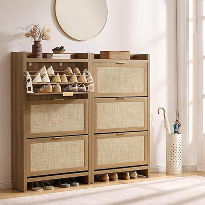 SICOTAS Rattan Shoe Storage Cabinet with 6 Flip Drawers, 57.4" Tall Shoe Organizer Cabinet for Entryway, Holds 50 Shoes, Farmhouse Narrow Shoe Rack Cabinet for Foyer, Hallway, Oak, 2PCS